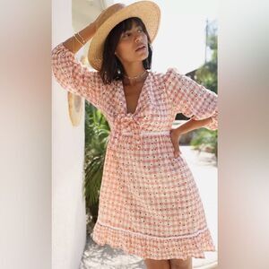 Greylin Dorothy Eyelet Daisy Tie Front Gingham Dress Tiered Peach White S NWT